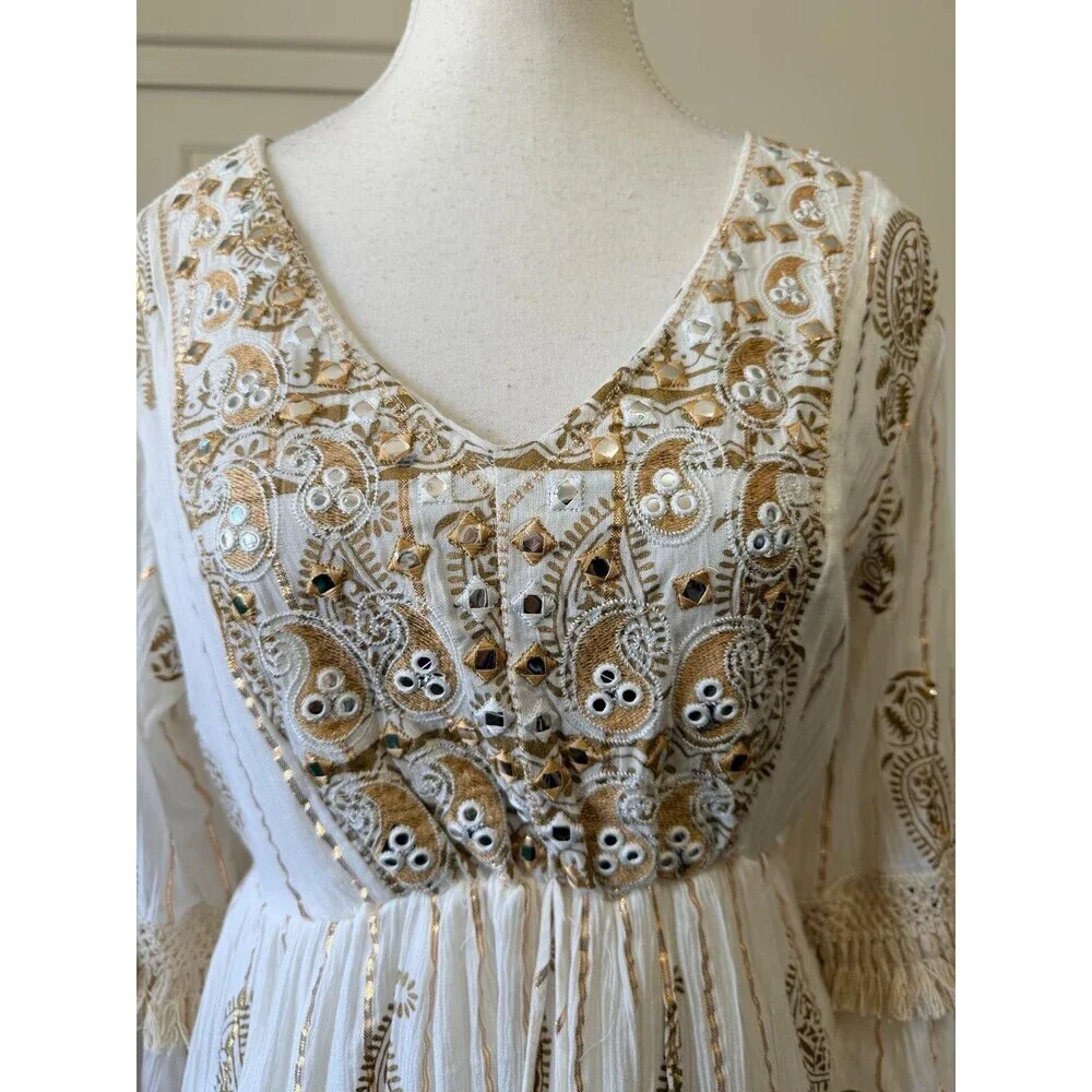 Namaste India Women S Dress Gold White Embroidered Bell Sleeve Festival Boho - Picture 6 of 16